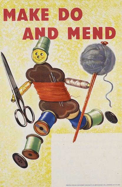 "Hacer y reparar": campaña británica para reducir el consumo de ropa durante la Segunda Guerra Mundial.