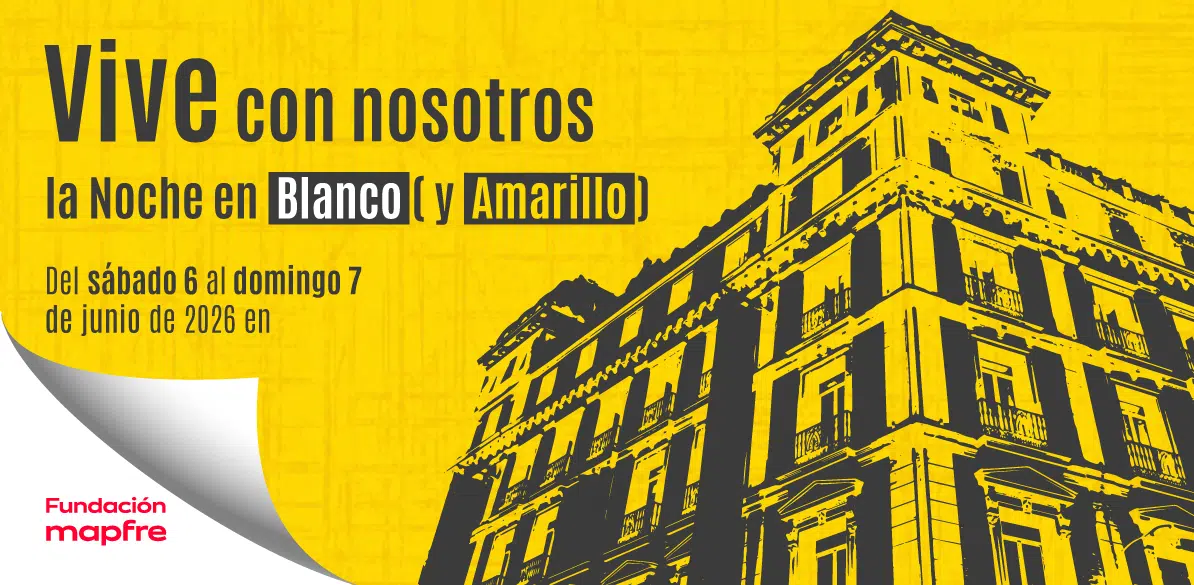 Cartel de la Noche en Blanco y Amarillo 2026 con ilustración de edificio en tonos amarillos y negros