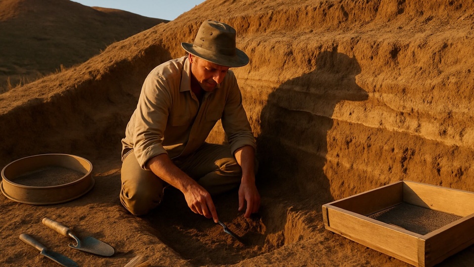 Excavación arqueológica en montículo árido del sur de Uzbekistán, capas de tierra estratificada, herramientas y tamices, luz 